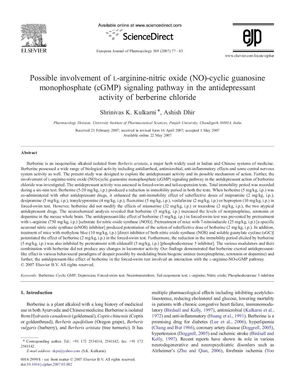 Possible involvement of l-arginine-nitric oxide (NO)-cyclic guanosine monophosphate (cGMP) signaling pathway in the antidepressant activity of berberine chloride