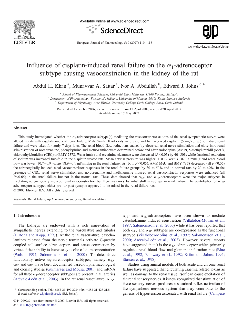 Influence of cisplatin-induced renal failure on the α1-adrenoceptor subtype causing vasoconstriction in the kidney of the rat