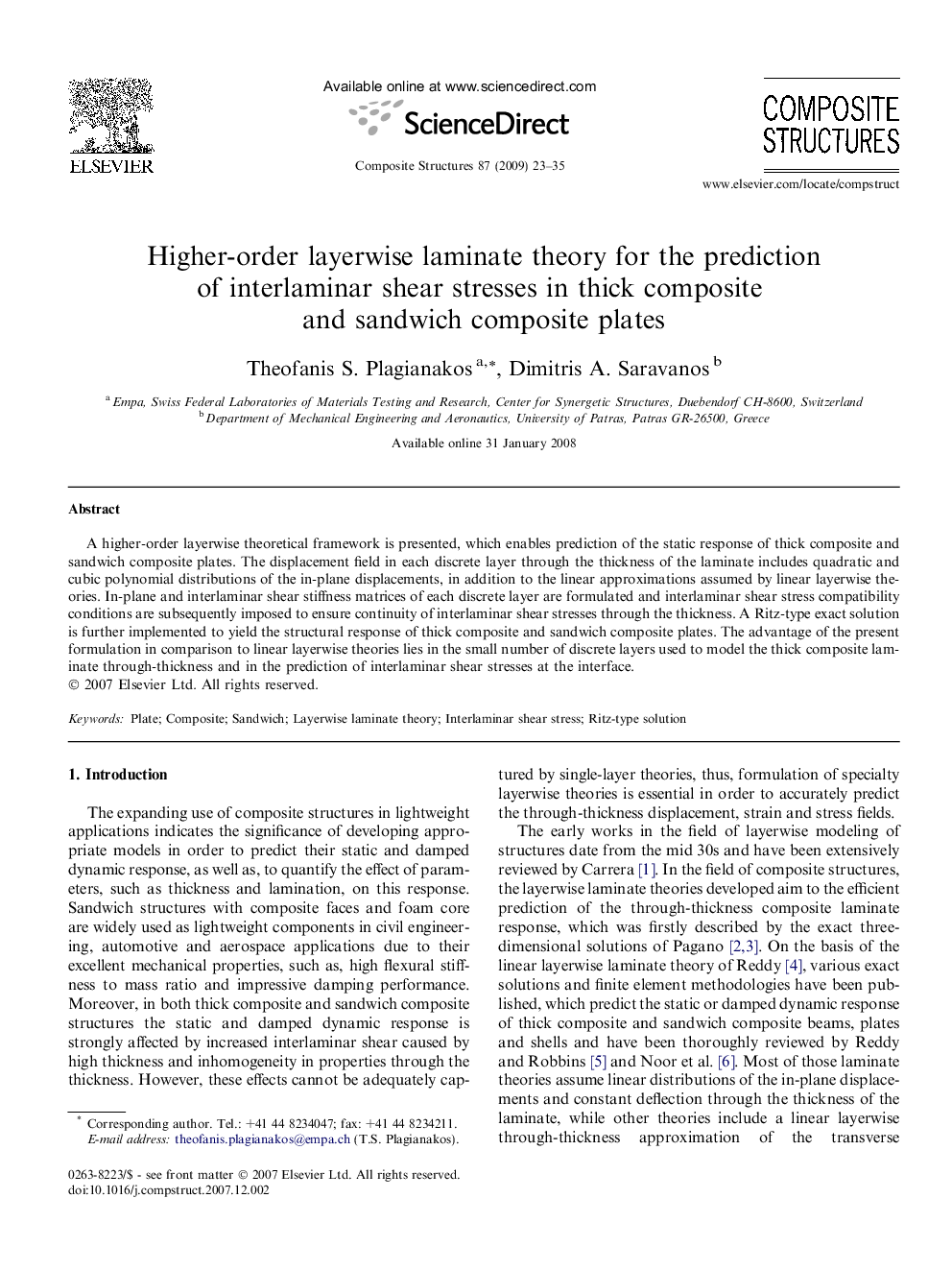 Higher-order layerwise laminate theory for the prediction of interlaminar shear stresses in thick composite and sandwich composite plates