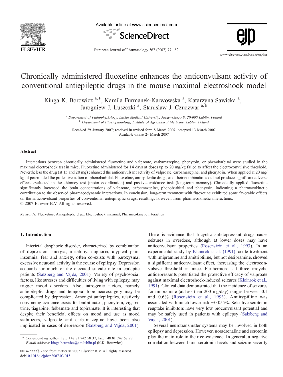 Chronically administered fluoxetine enhances the anticonvulsant activity of conventional antiepileptic drugs in the mouse maximal electroshock model