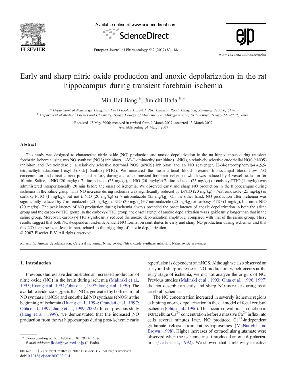 Early and sharp nitric oxide production and anoxic depolarization in the rat hippocampus during transient forebrain ischemia