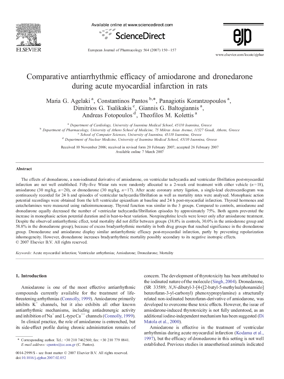 Comparative antiarrhythmic efficacy of amiodarone and dronedarone during acute myocardial infarction in rats