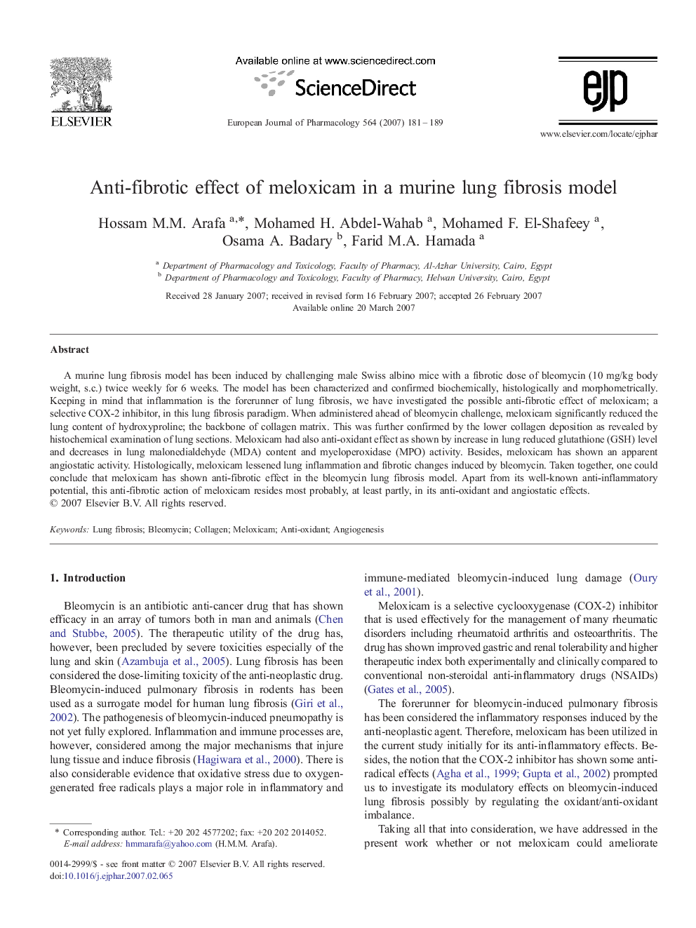 Anti-fibrotic effect of meloxicam in a murine lung fibrosis model