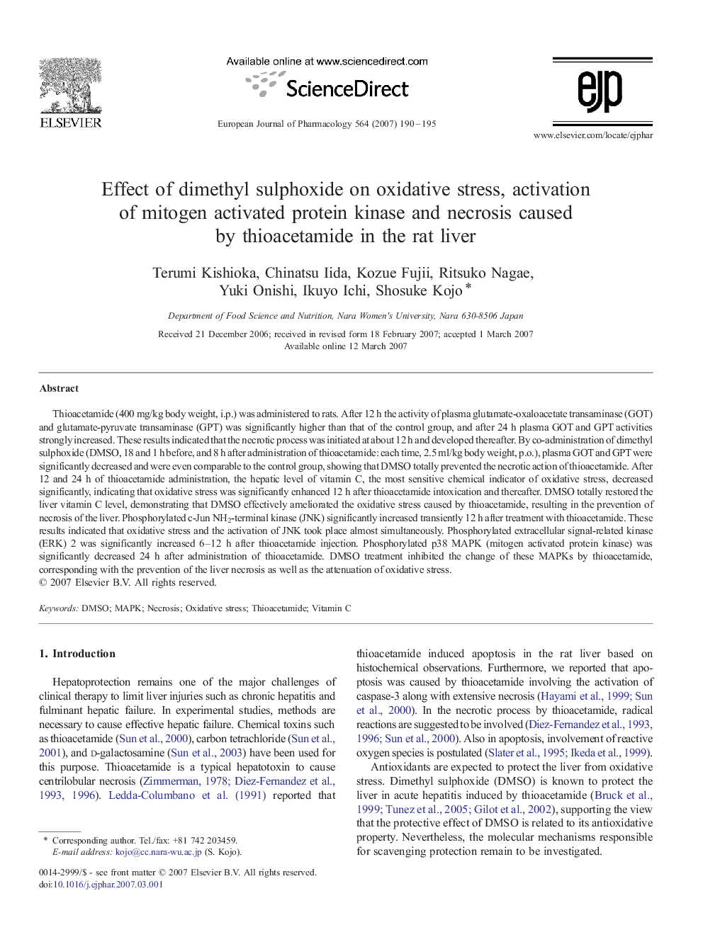 Effect of dimethyl sulphoxide on oxidative stress, activation of mitogen activated protein kinase and necrosis caused by thioacetamide in the rat liver