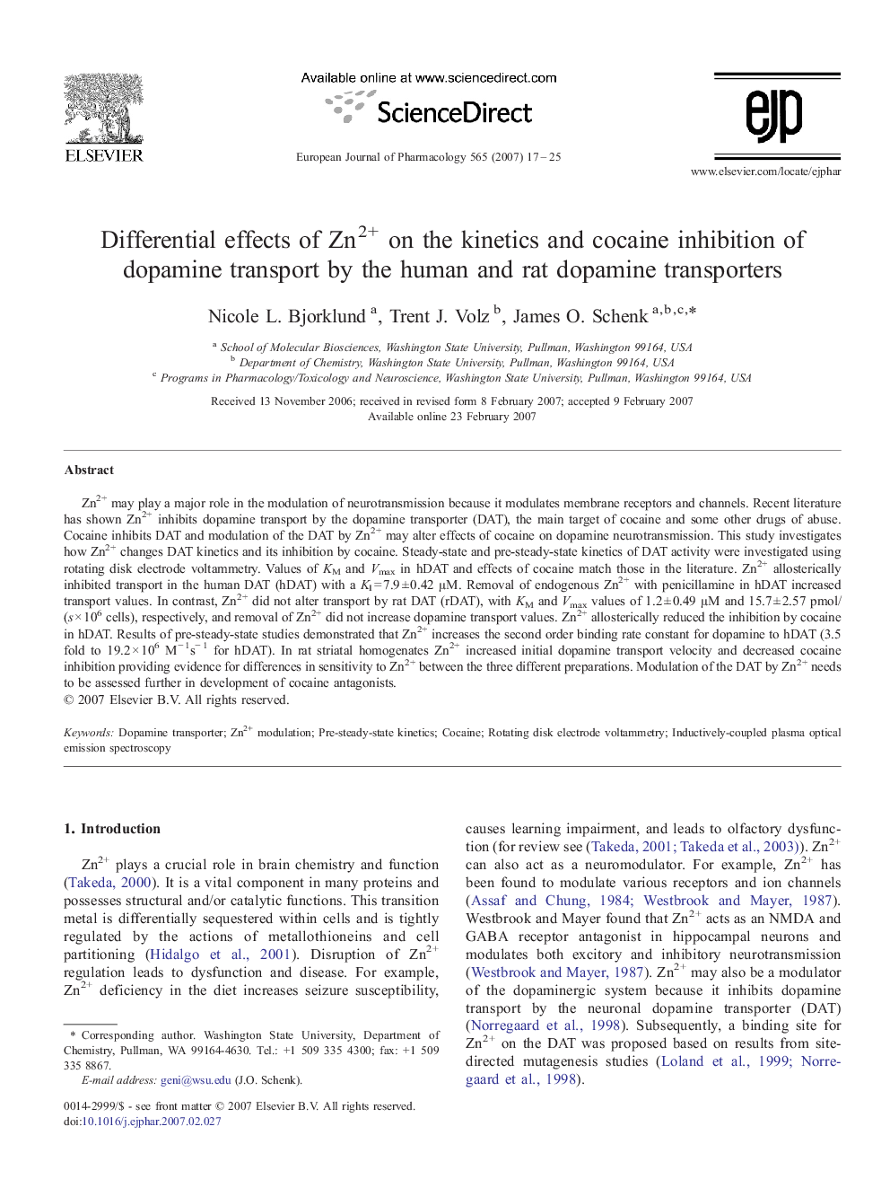 Differential effects of Zn2+ on the kinetics and cocaine inhibition of dopamine transport by the human and rat dopamine transporters