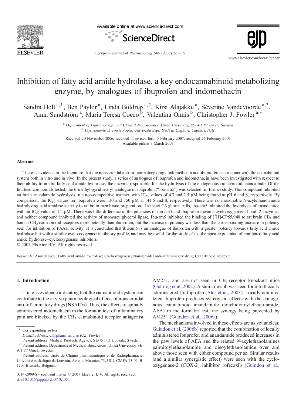 Inhibition of fatty acid amide hydrolase, a key endocannabinoid metabolizing enzyme, by analogues of ibuprofen and indomethacin