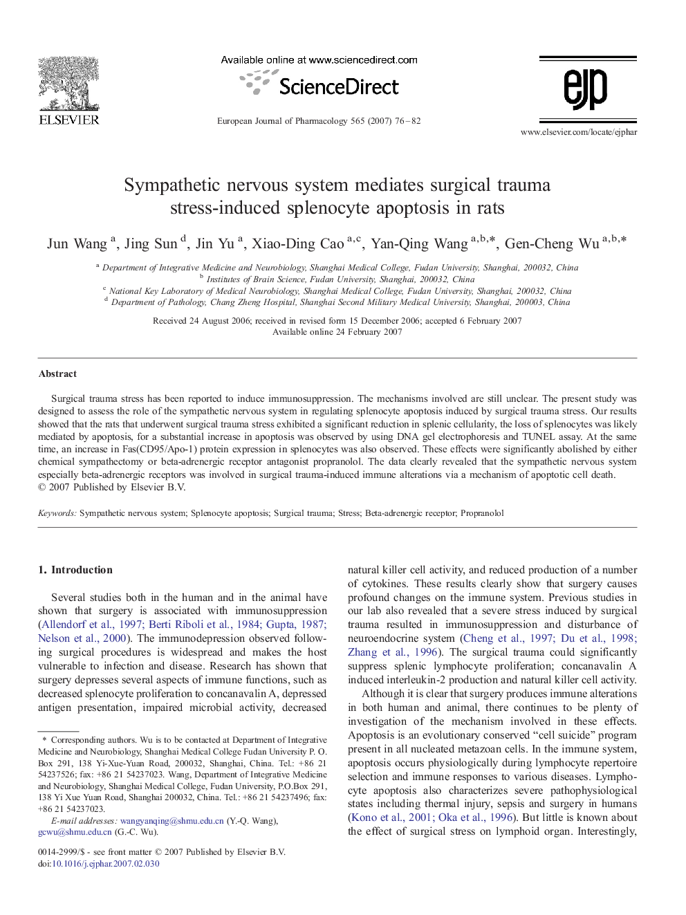 Sympathetic nervous system mediates surgical trauma stress-induced splenocyte apoptosis in rats