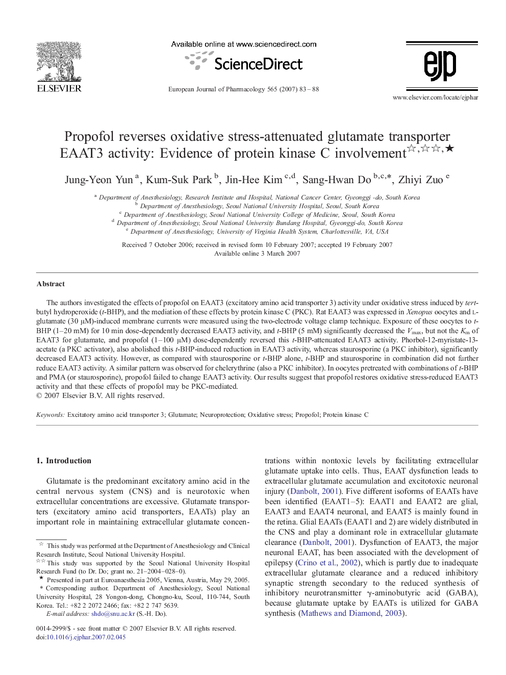 Propofol reverses oxidative stress-attenuated glutamate transporter EAAT3 activity: Evidence of protein kinase C involvement ★