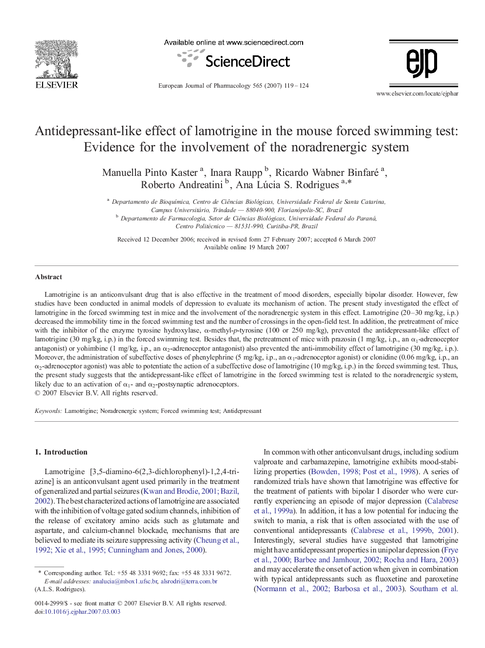 Antidepressant-like effect of lamotrigine in the mouse forced swimming test: Evidence for the involvement of the noradrenergic system