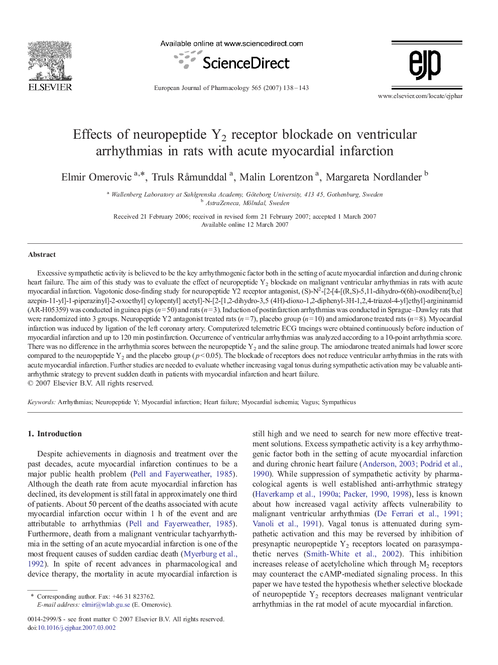 Effects of neuropeptide Y2 receptor blockade on ventricular arrhythmias in rats with acute myocardial infarction