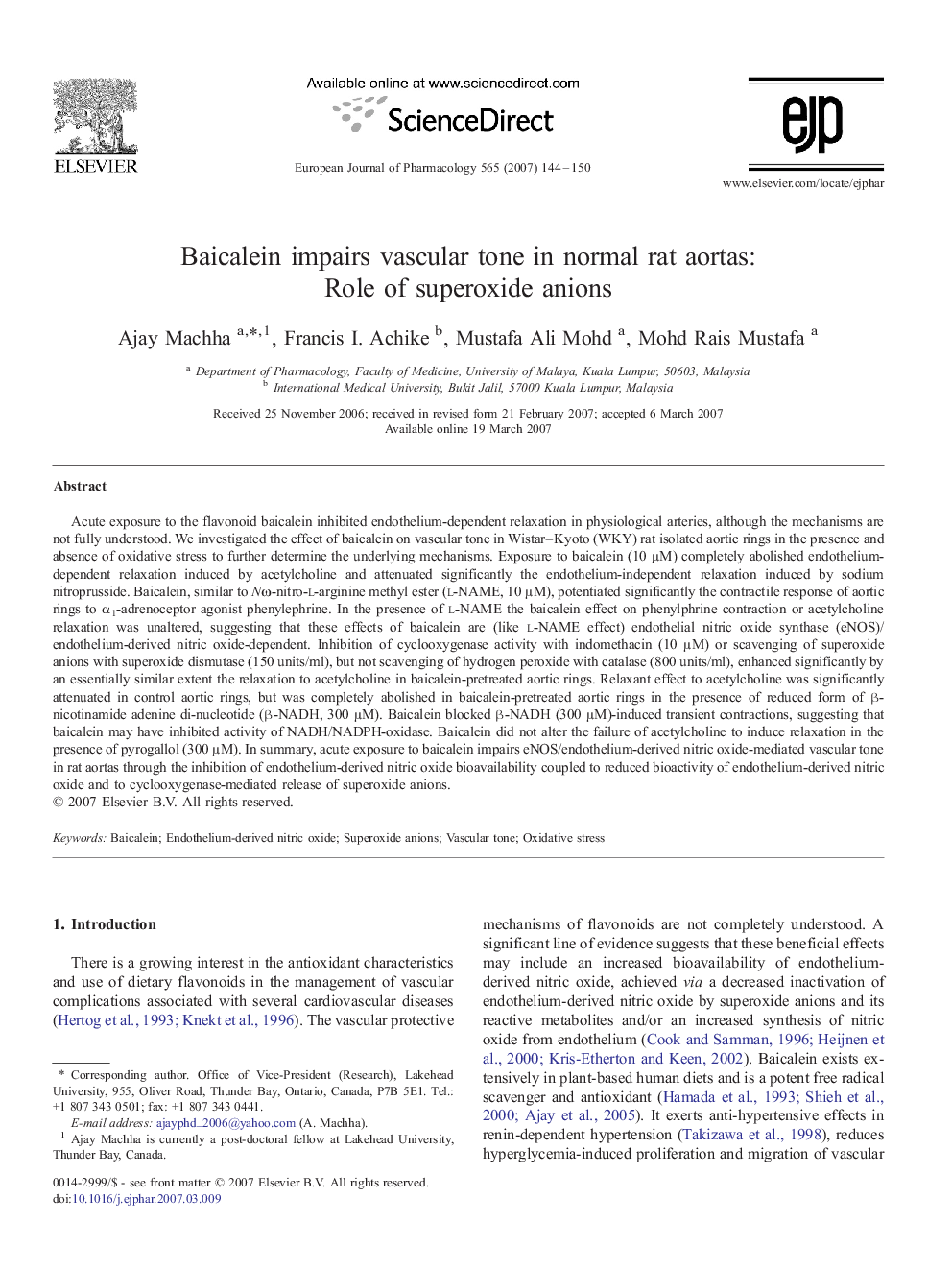 Baicalein impairs vascular tone in normal rat aortas: Role of superoxide anions