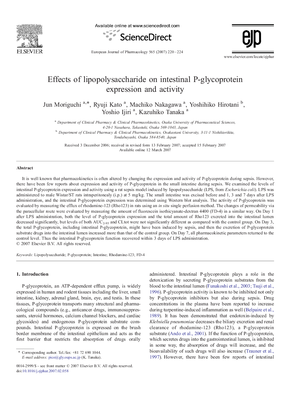 Effects of lipopolysaccharide on intestinal P-glycoprotein expression and activity