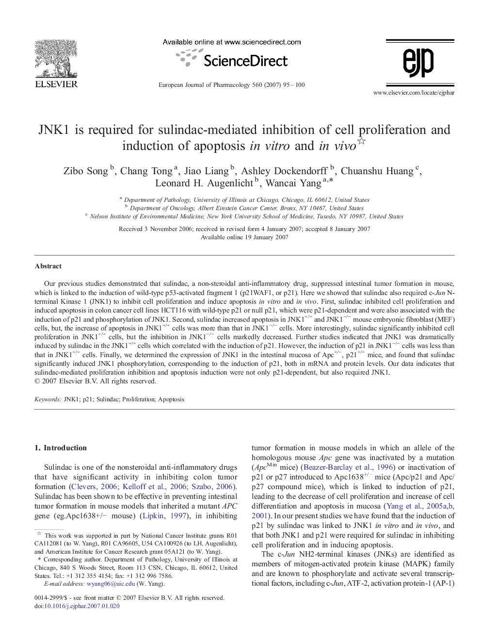 JNK1 is required for sulindac-mediated inhibition of cell proliferation and induction of apoptosis in vitro and in vivo 