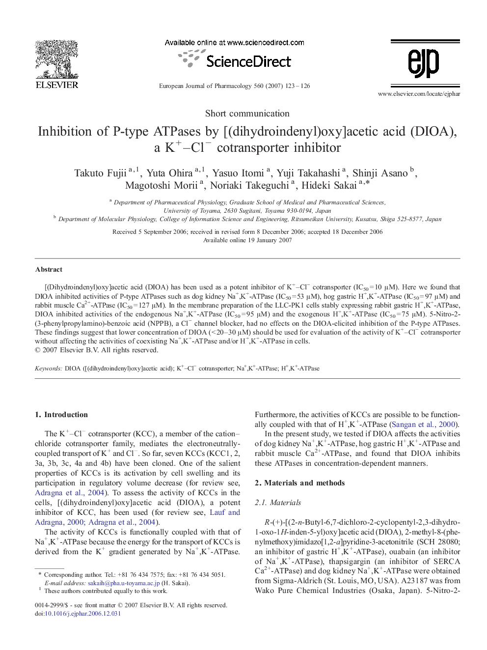 Inhibition of P-type ATPases by [(dihydroindenyl)oxy]acetic acid (DIOA), a K+–Cl− cotransporter inhibitor