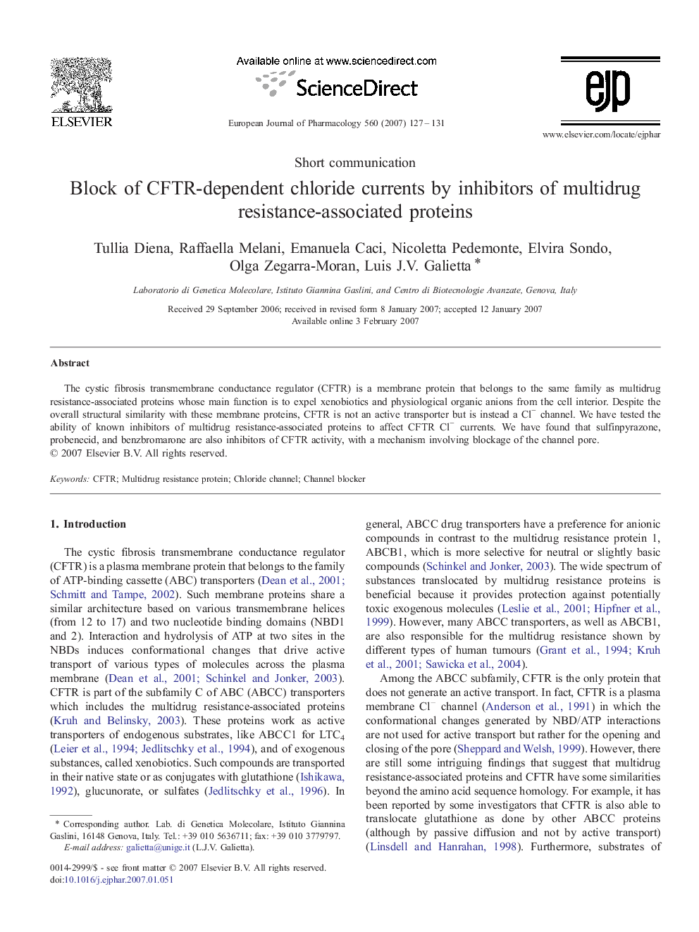 Block of CFTR-dependent chloride currents by inhibitors of multidrug resistance-associated proteins