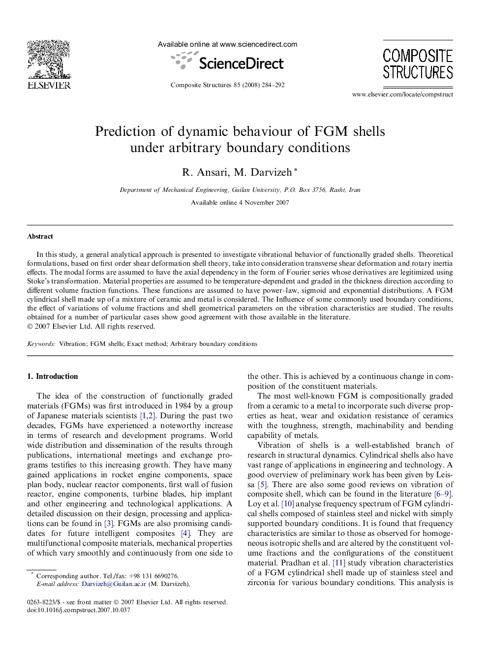 Prediction of dynamic behaviour of FGM shells under arbitrary boundary conditions