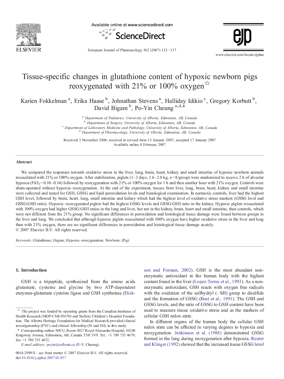 Tissue-specific changes in glutathione content of hypoxic newborn pigs reoxygenated with 21% or 100% oxygen 