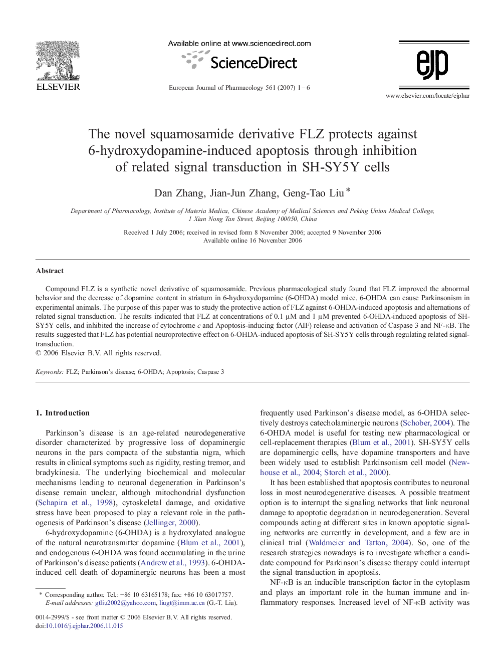 The novel squamosamide derivative FLZ protects against 6-hydroxydopamine-induced apoptosis through inhibition of related signal transduction in SH-SY5Y cells