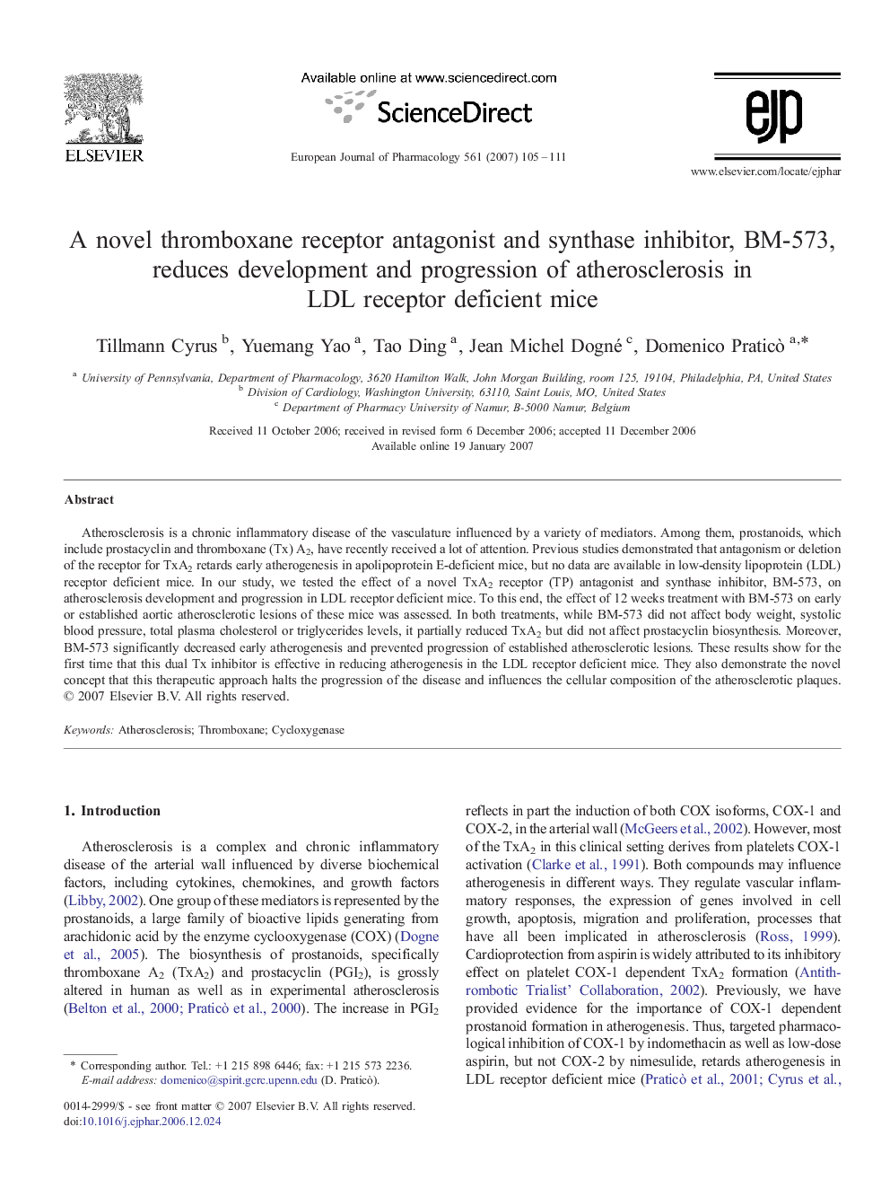 A novel thromboxane receptor antagonist and synthase inhibitor, BM-573, reduces development and progression of atherosclerosis in LDL receptor deficient mice