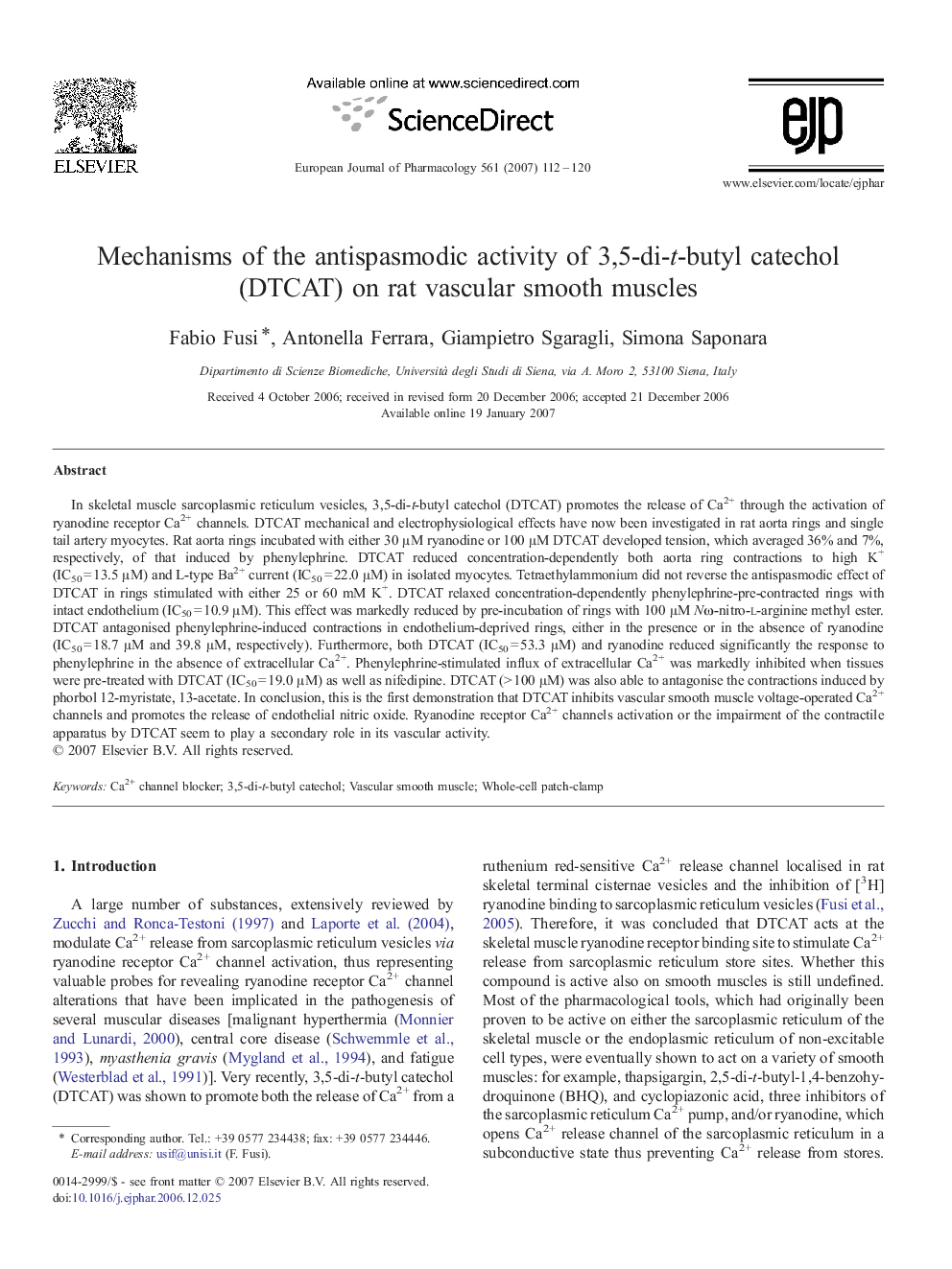 Mechanisms of the antispasmodic activity of 3,5-di-t-butyl catechol (DTCAT) on rat vascular smooth muscles