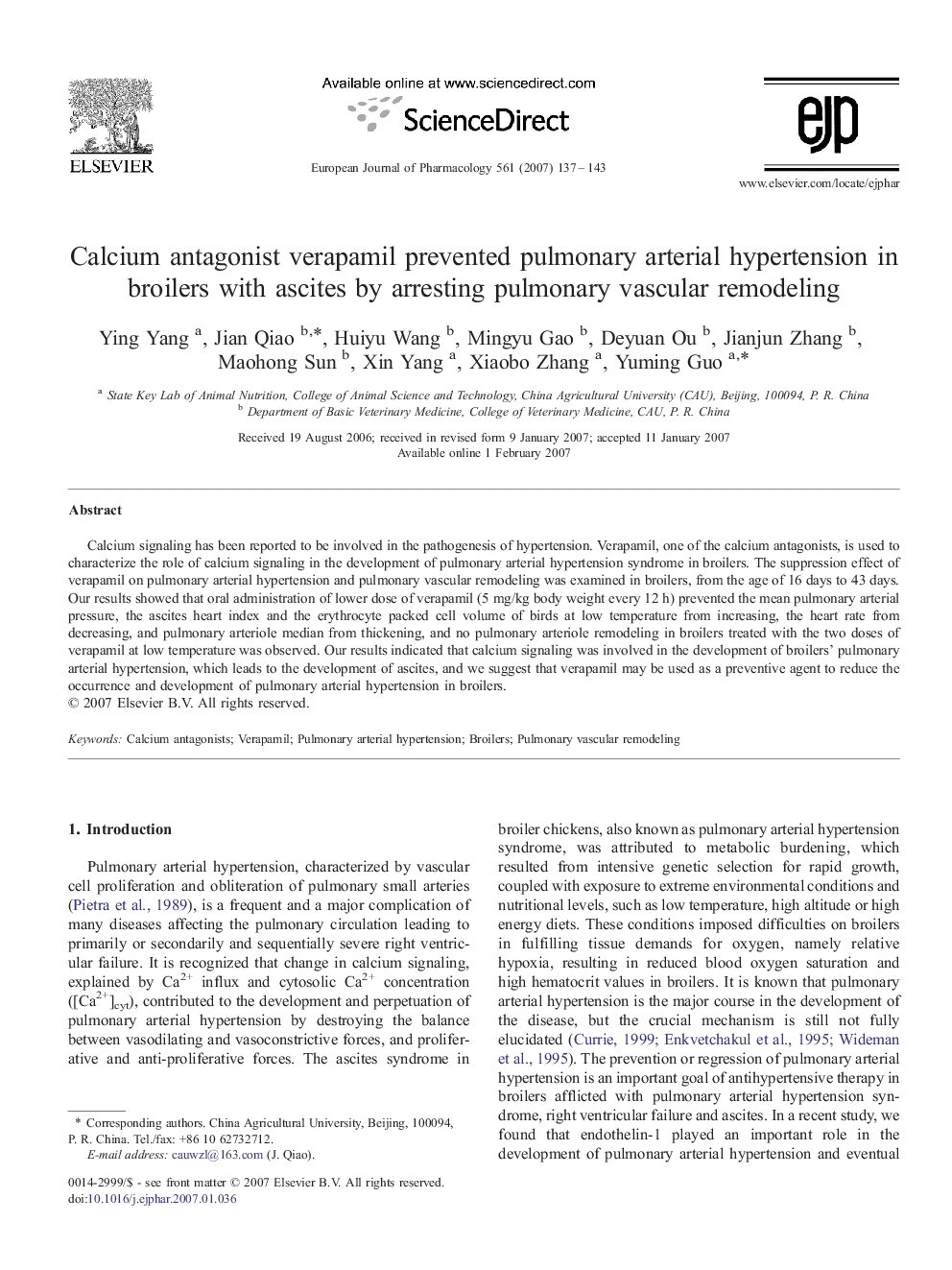 Calcium antagonist verapamil prevented pulmonary arterial hypertension in broilers with ascites by arresting pulmonary vascular remodeling