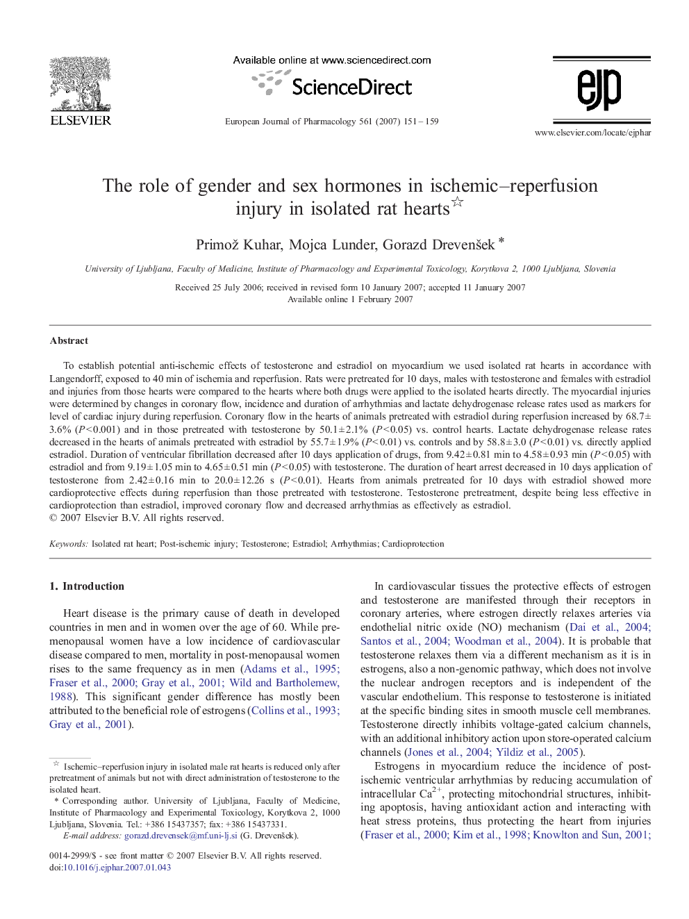 The role of gender and sex hormones in ischemic–reperfusion injury in isolated rat hearts 