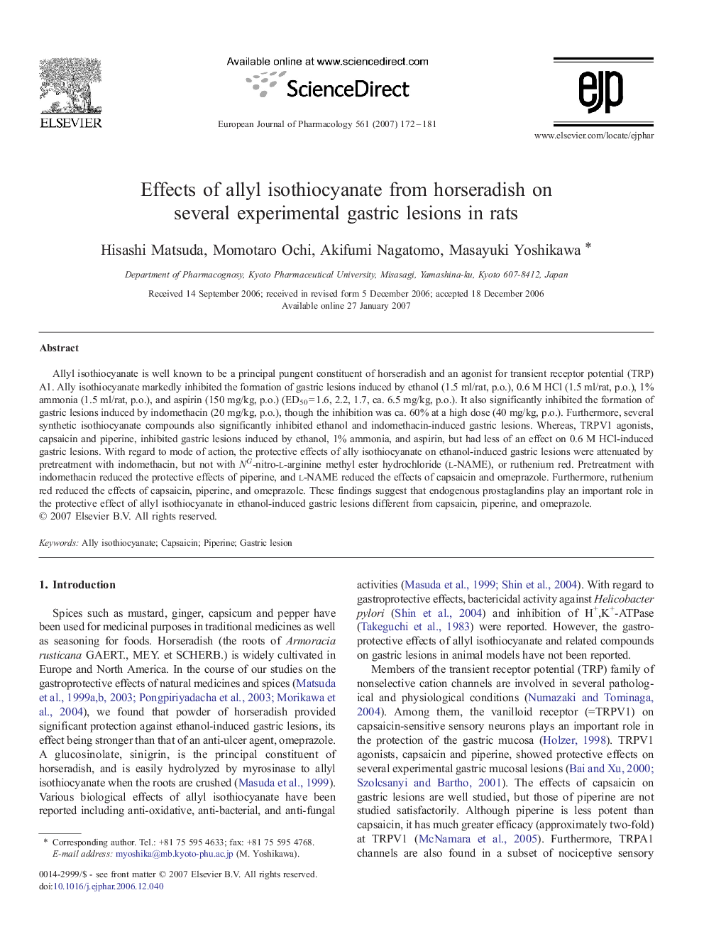 Effects of allyl isothiocyanate from horseradish on several experimental gastric lesions in rats