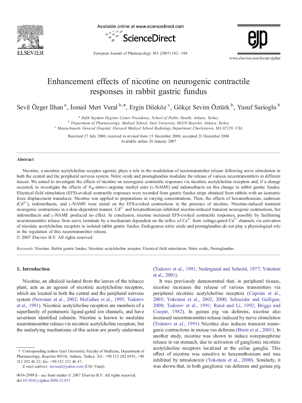 Enhancement effects of nicotine on neurogenic contractile responses in rabbit gastric fundus