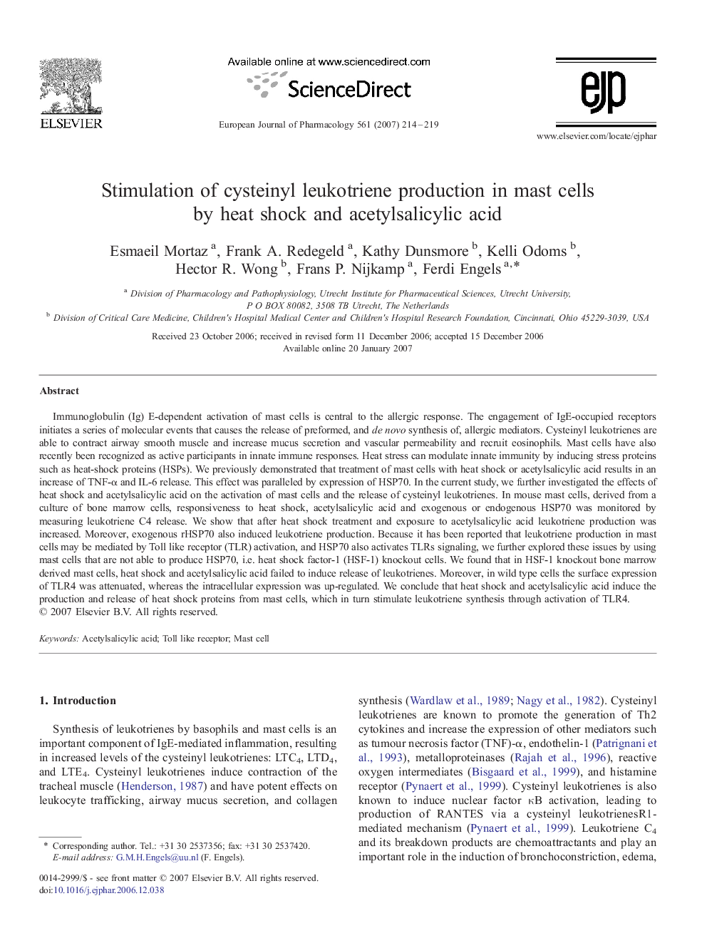 Stimulation of cysteinyl leukotriene production in mast cells by heat shock and acetylsalicylic acid