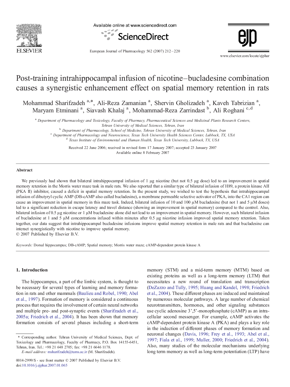 Post-training intrahippocampal infusion of nicotine–bucladesine combination causes a synergistic enhancement effect on spatial memory retention in rats