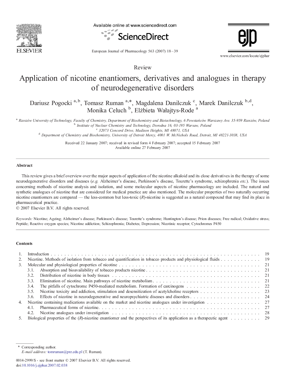 Application of nicotine enantiomers, derivatives and analogues in therapy of neurodegenerative disorders