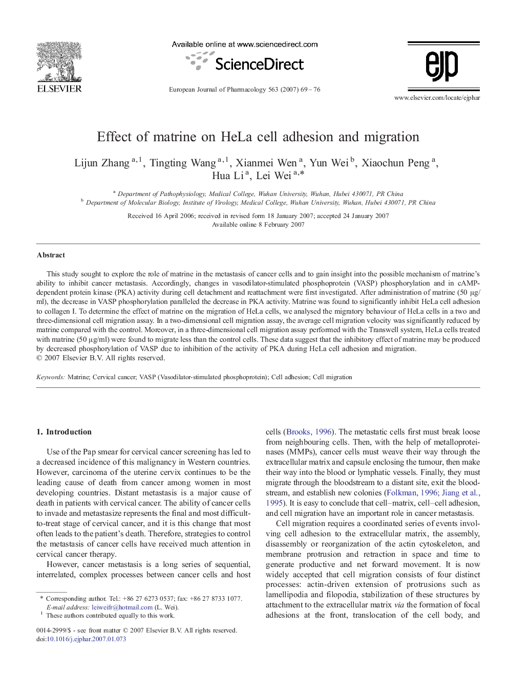 Effect of matrine on HeLa cell adhesion and migration