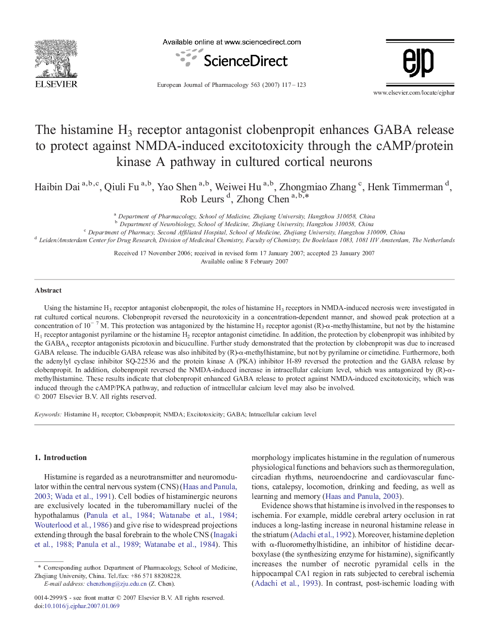 The histamine H3 receptor antagonist clobenpropit enhances GABA release to protect against NMDA-induced excitotoxicity through the cAMP/protein kinase A pathway in cultured cortical neurons