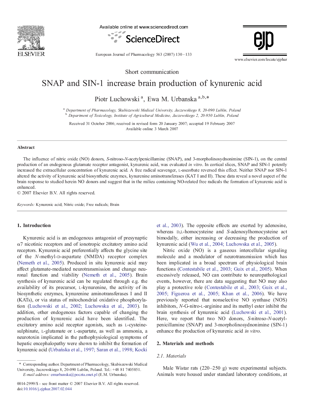 عکس صفحه اول مقاله: SNAP and SIN-1 increase brain production of kynurenic acid SNAP and SIN-1 increase brain production of kynurenic acid