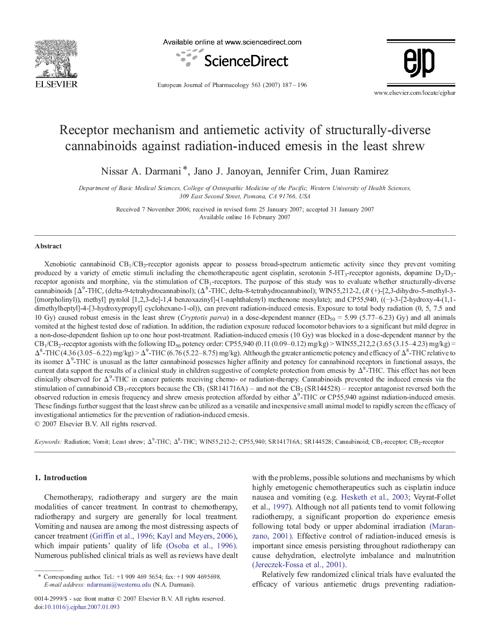 Receptor mechanism and antiemetic activity of structurally‐diverse cannabinoids against radiation‐induced emesis in the least shrew