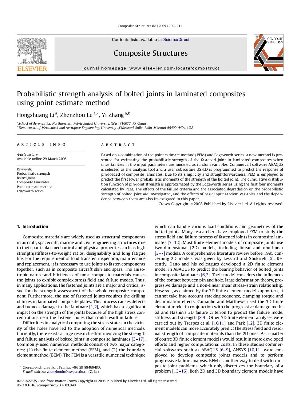 عکس صفحه اول مقاله: Probabilistic strength analysis of bolted joints in laminated composites using point estimate method Probabilistic strength analysis of bolted joints in laminated composites using point estimate method