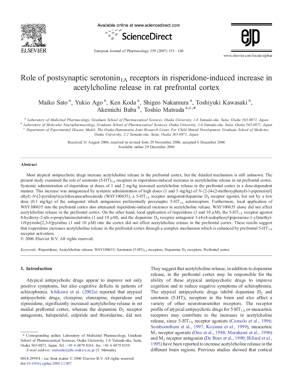 Role of postsynaptic serotonin1A receptors in risperidone-induced increase in acetylcholine release in rat prefrontal cortex