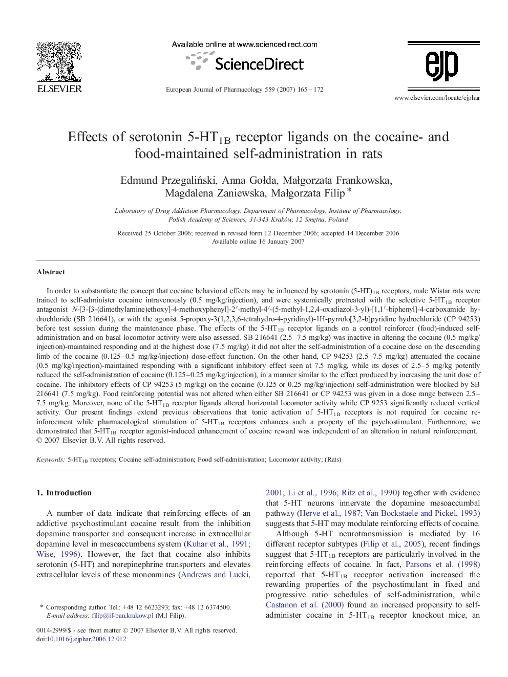 Effects of serotonin 5-HT1B receptor ligands on the cocaine- and food-maintained self-administration in rats