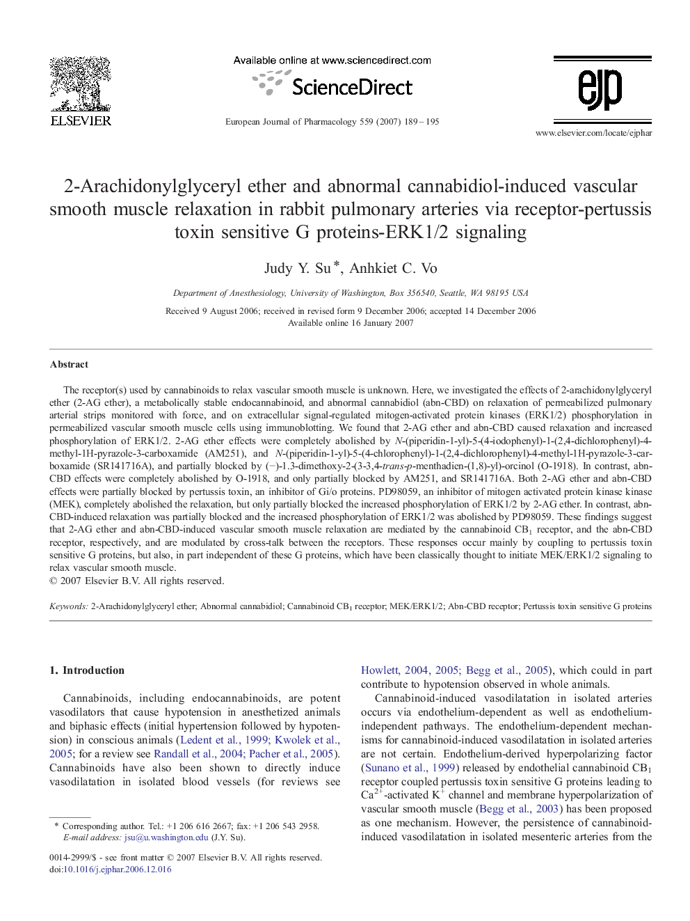 2-Arachidonylglyceryl ether and abnormal cannabidiol-induced vascular smooth muscle relaxation in rabbit pulmonary arteries via receptor-pertussis toxin sensitive G proteins-ERK1/2 signaling