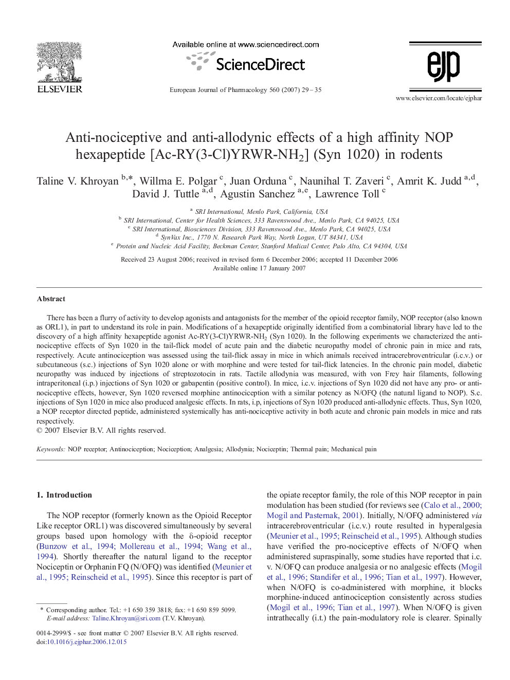 Anti-nociceptive and anti-allodynic effects of a high affinity NOP hexapeptide [Ac-RY(3-Cl)YRWR-NH2] (Syn 1020) in rodents