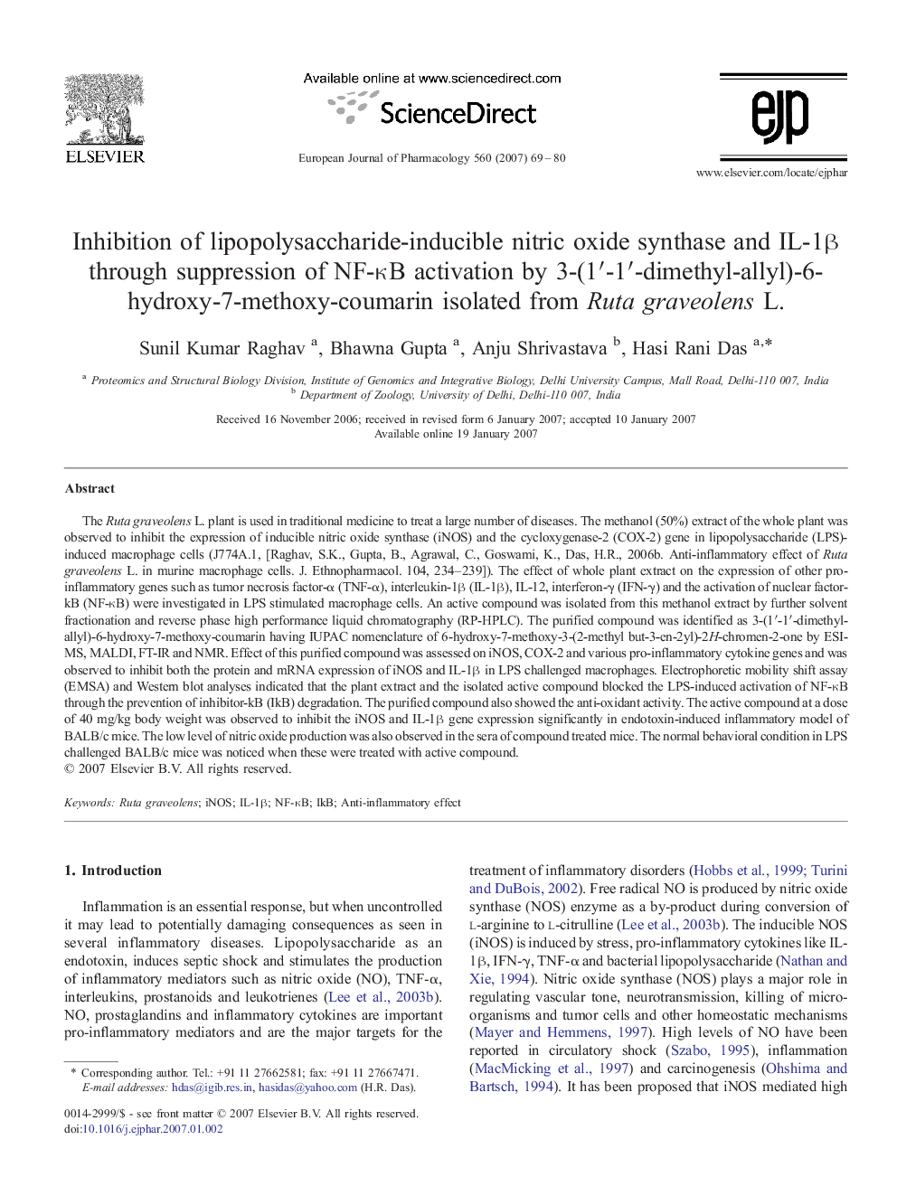 Inhibition of lipopolysaccharide-inducible nitric oxide synthase and IL-1β through suppression of NF-κB activation by 3-(1′-1′-dimethyl-allyl)-6-hydroxy-7-methoxy-coumarin isolated from Ruta graveolens L.