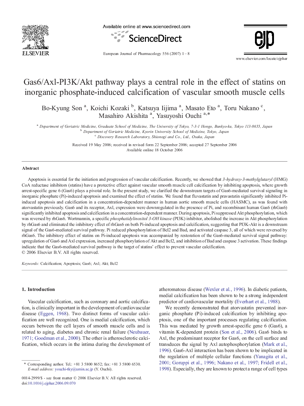 Gas6/Axl-PI3K/Akt pathway plays a central role in the effect of statins on inorganic phosphate-induced calcification of vascular smooth muscle cells