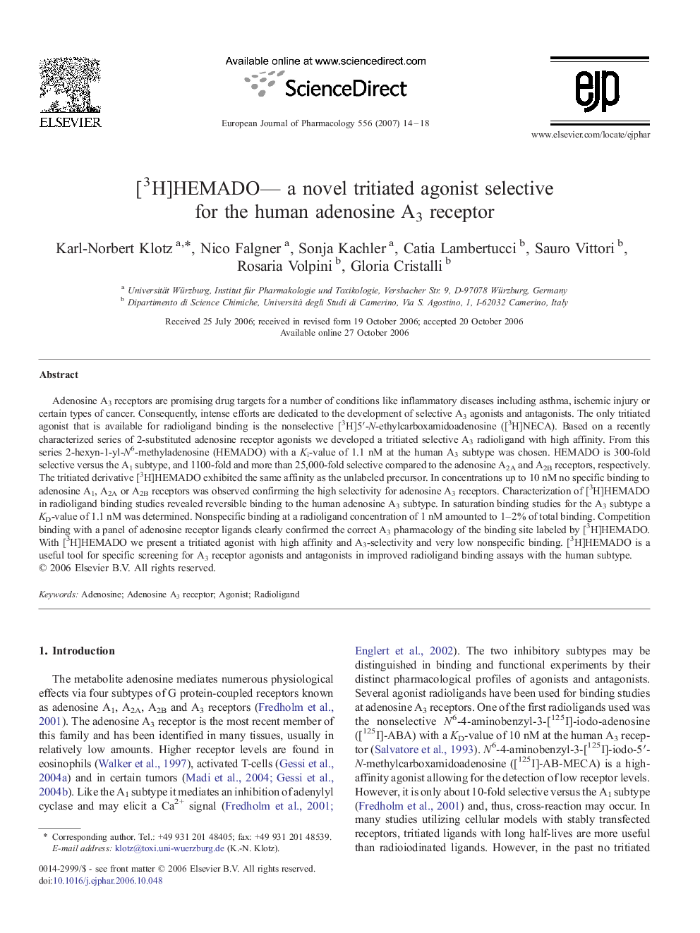 [3H]HEMADO— a novel tritiated agonist selective for the human adenosine A3 receptor