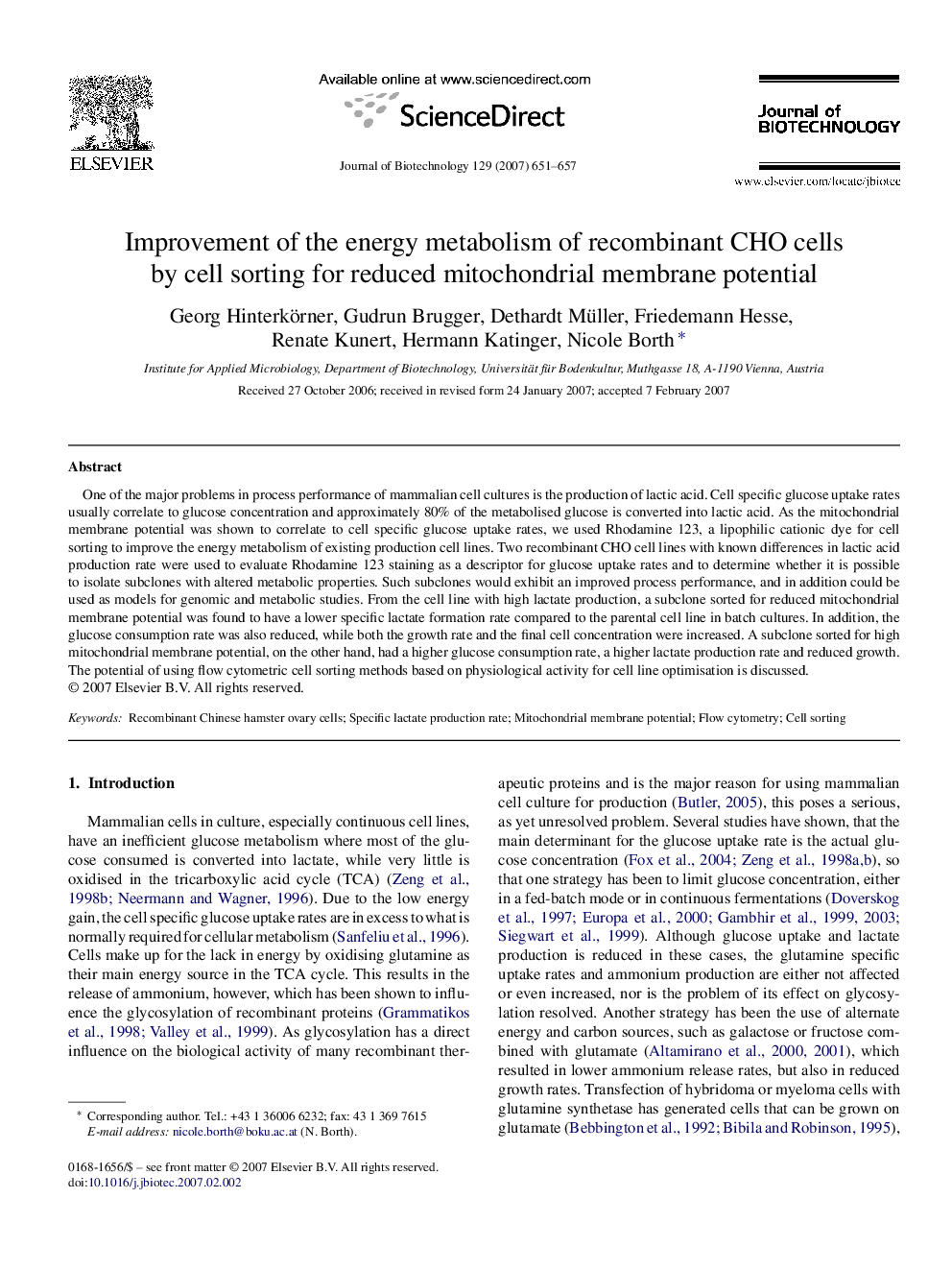 Improvement of the energy metabolism of recombinant CHO cells by cell sorting for reduced mitochondrial membrane potential