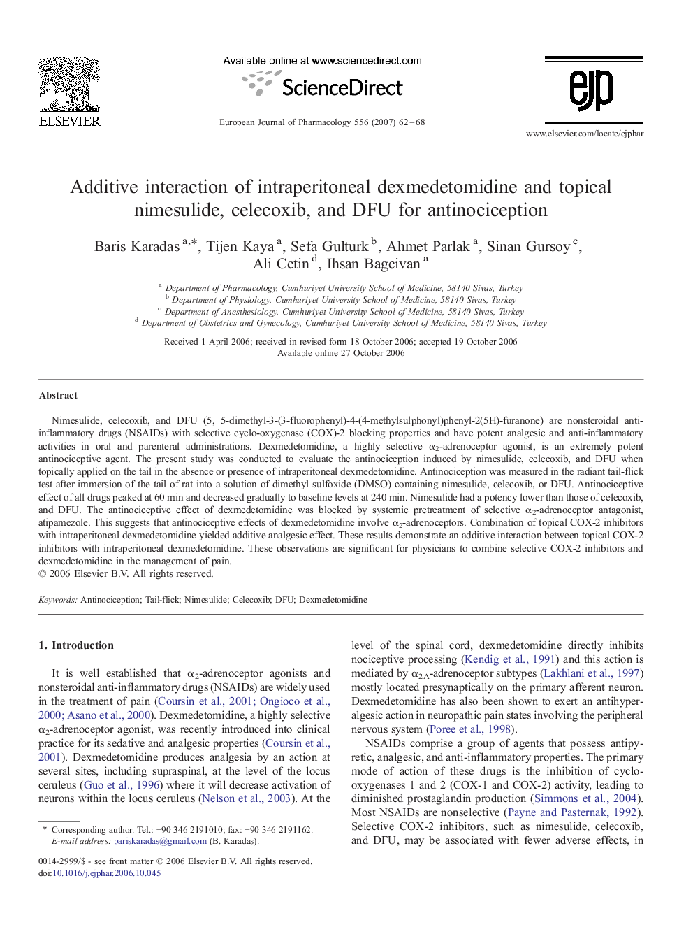 Additive interaction of intraperitoneal dexmedetomidine and topical nimesulide, celecoxib, and DFU for antinociception