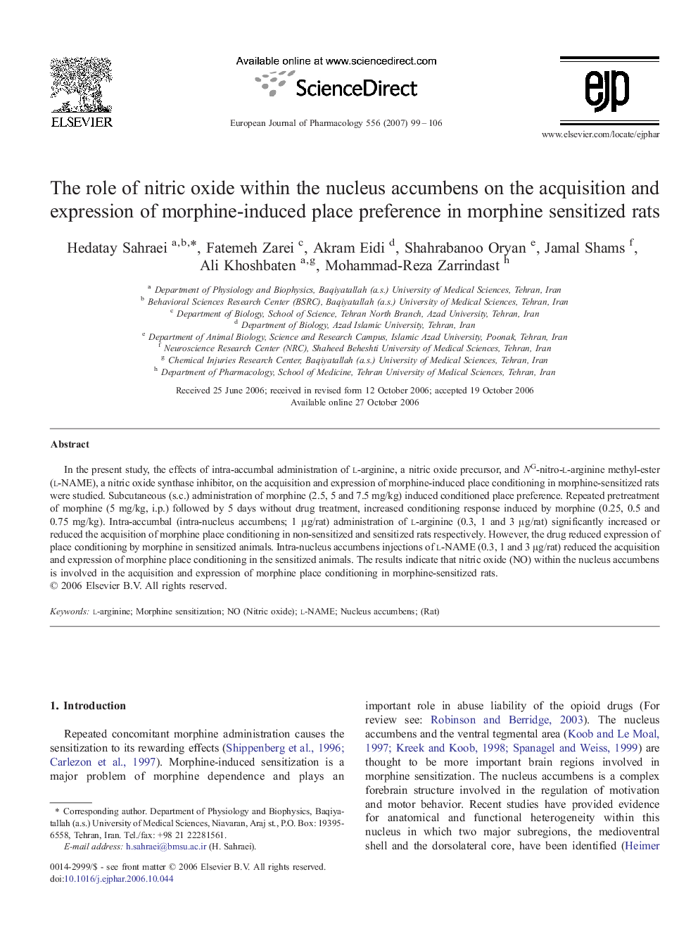 The role of nitric oxide within the nucleus accumbens on the acquisition and expression of morphine-induced place preference in morphine sensitized rats