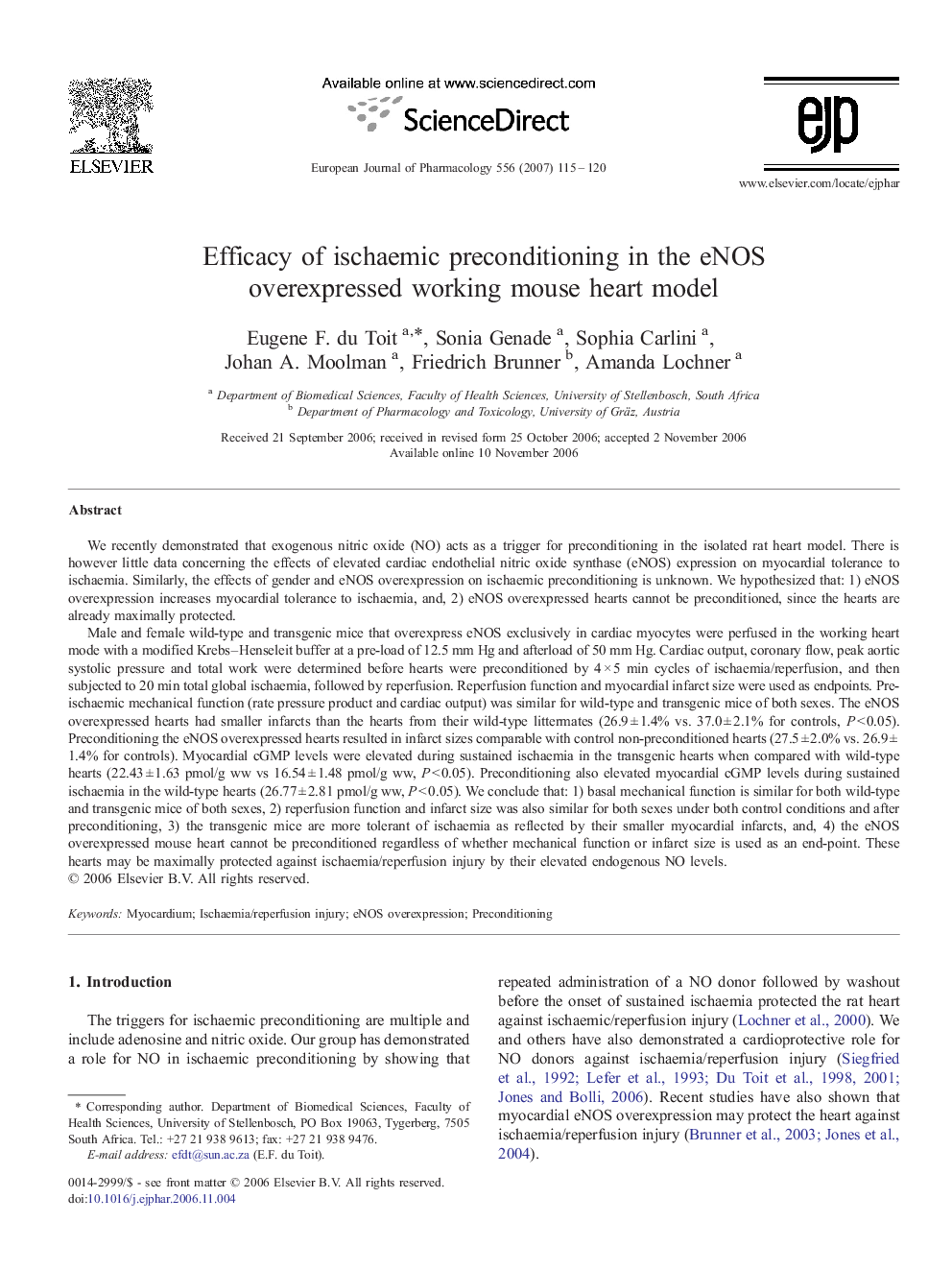 Efficacy of ischaemic preconditioning in the eNOS overexpressed working mouse heart model