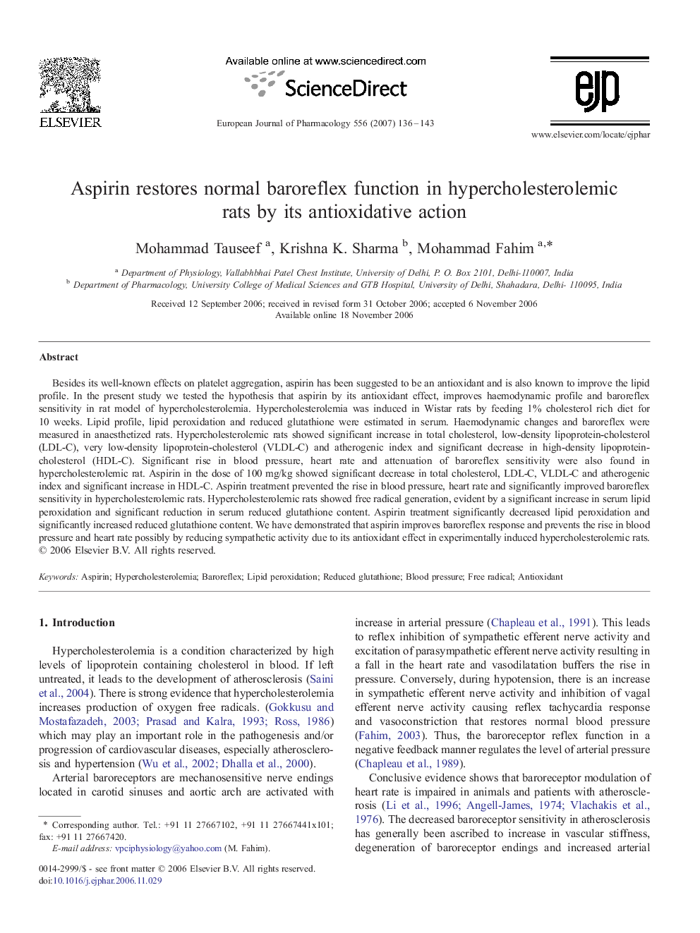 Aspirin restores normal baroreflex function in hypercholesterolemic rats by its antioxidative action