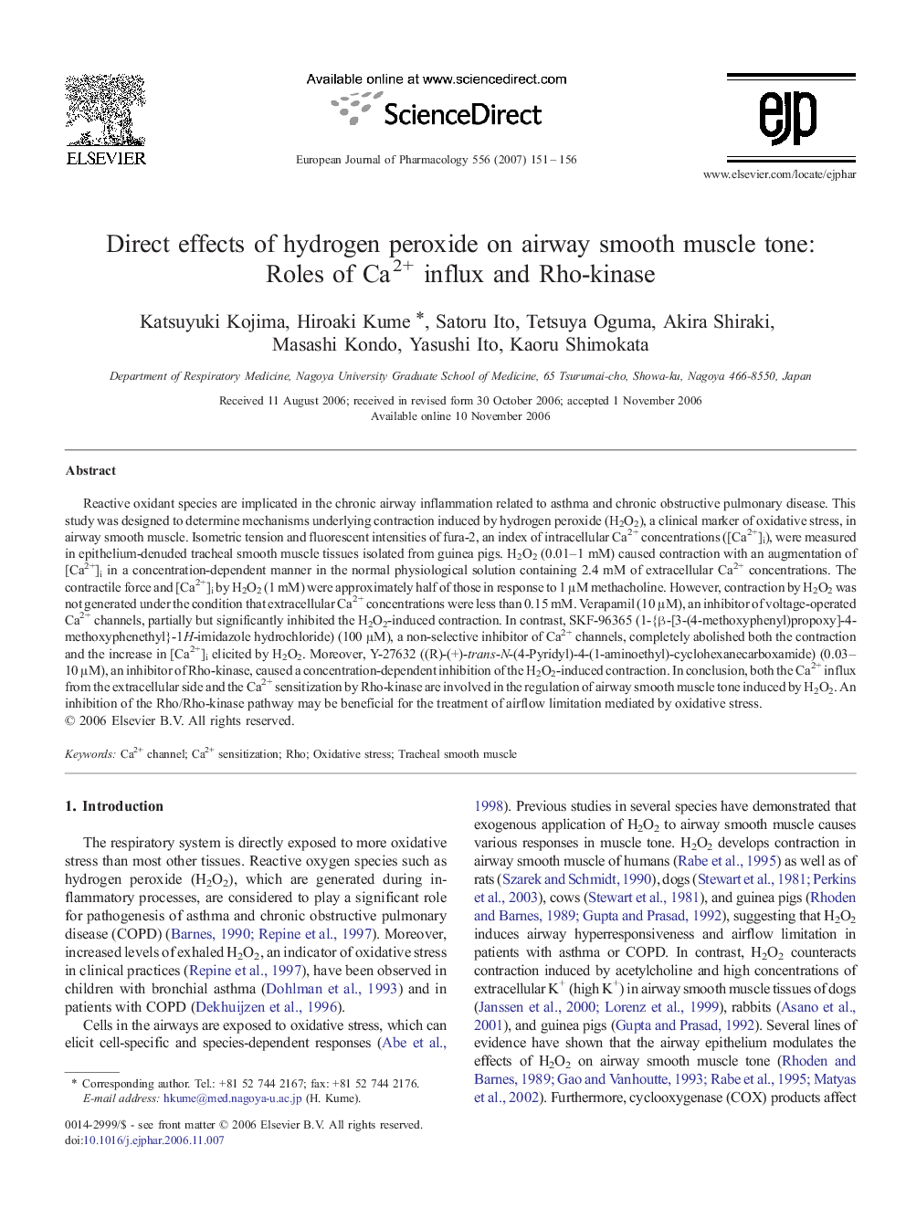 Direct effects of hydrogen peroxide on airway smooth muscle tone: Roles of Ca2+ influx and Rho-kinase