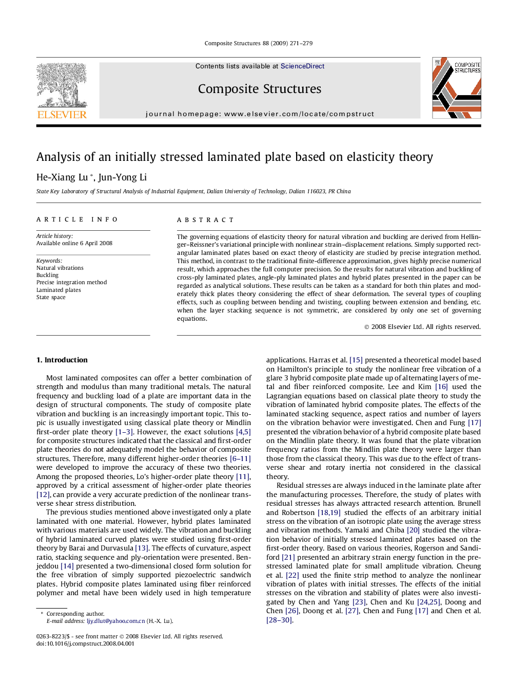 Analysis of an initially stressed laminated plate based on elasticity theory